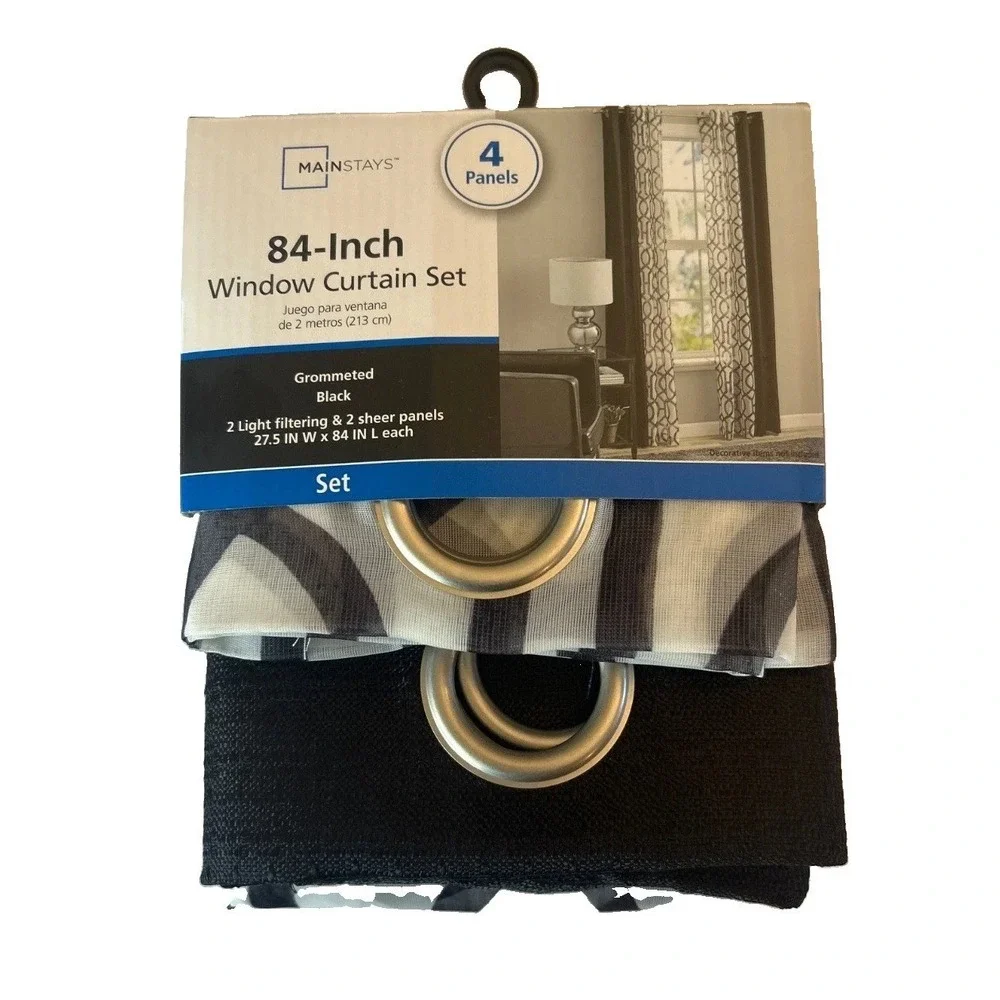 Mainstays Kingswood 4 Piece Grommet Curtain Panel Set Rich Black 27.5x84 Kitchen